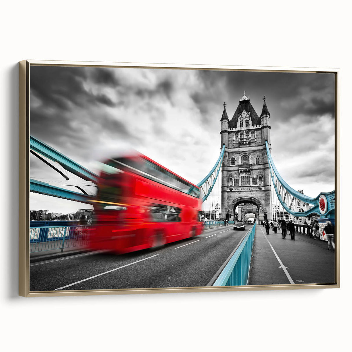 Framed canvas featuring a vintage-style London landscape in black and gold tones, ideal for bedroom wall art.