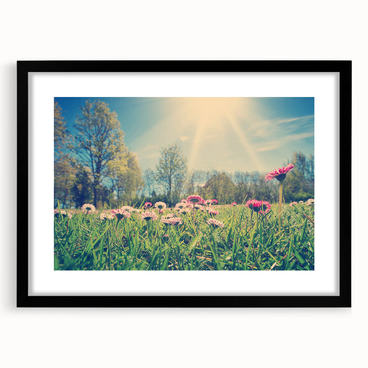 Extra large, textured abstract art print of colorful European scenery on a black framed canvas, ideal for living room decor.