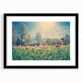 Extra large, textured abstract art print of colorful European scenery on a black framed canvas, ideal for living room decor.