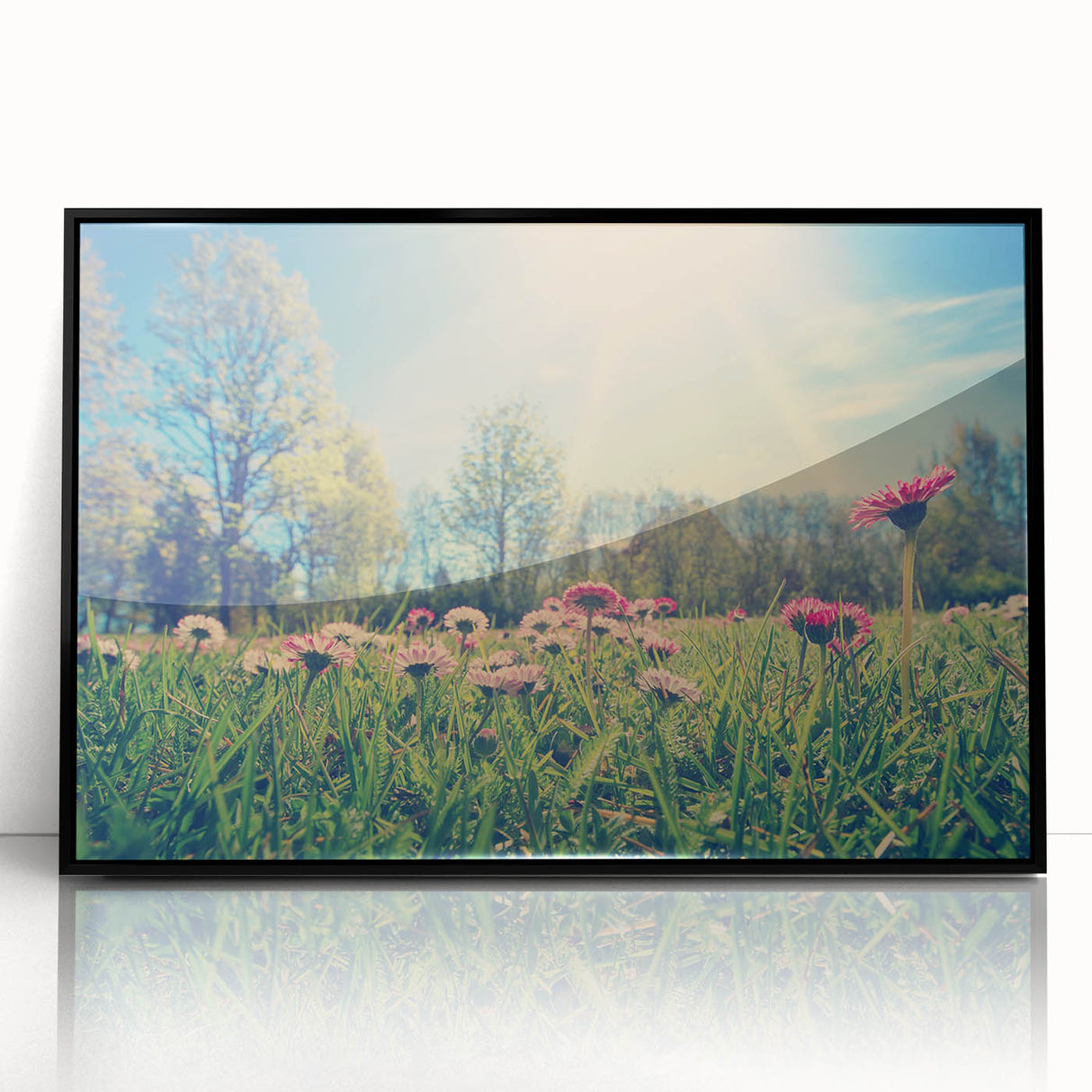 Large abstract wall art depicting a European Estonian scenery in muted earth tones on a black framed acrylic print.