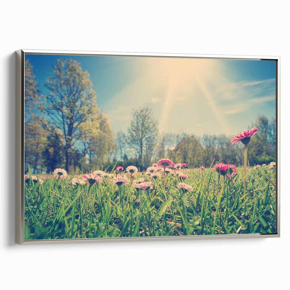 Framed canvas depicting a vintage-style Estonian landscape in muted gray and black with colorful accents.