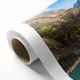 Art deco poster of the French Alps in muted green and blue, on rolled canvas, ideal for nursery wall art.