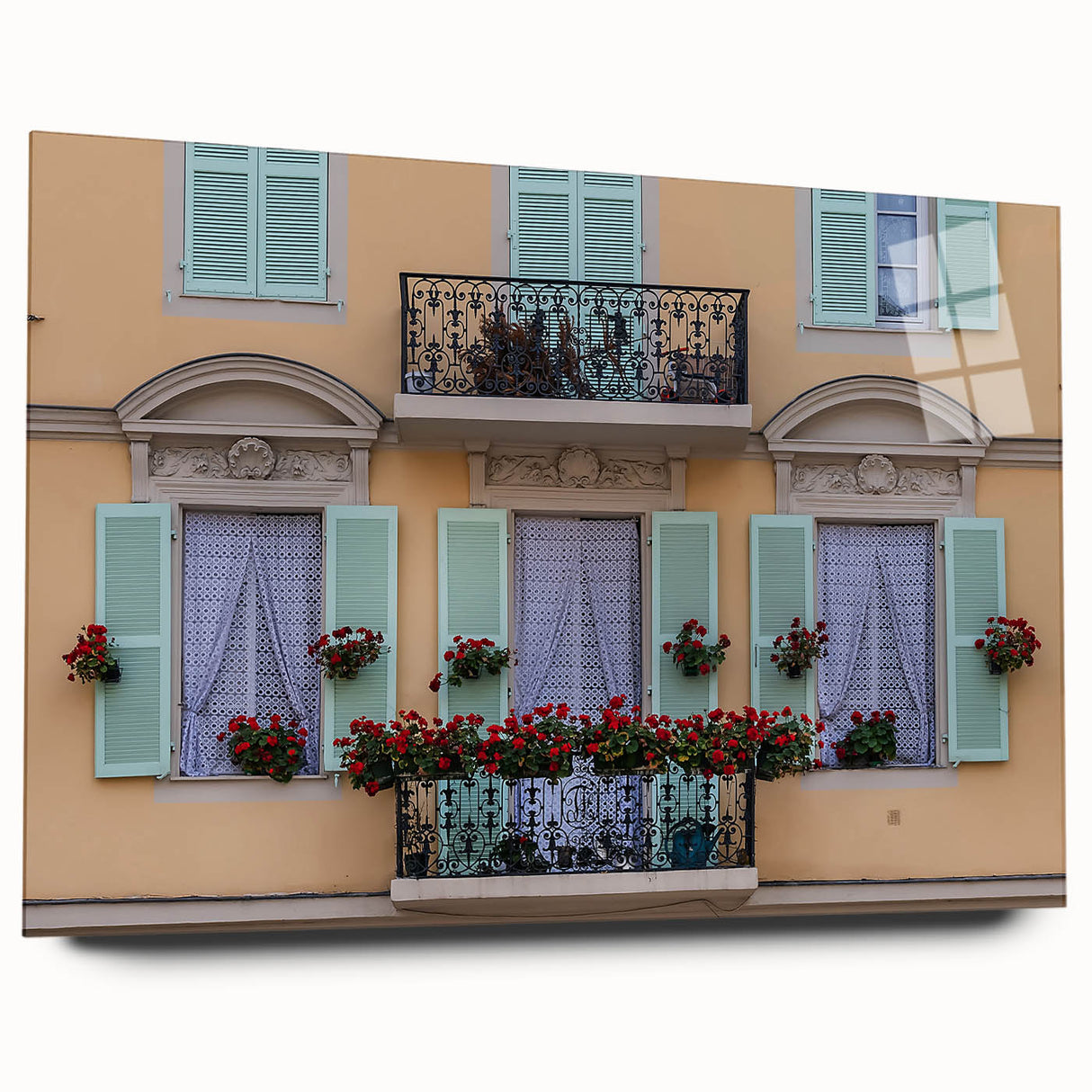 Large abstract wall art of Nice, France in muted blue and green tones on acrylic glass.