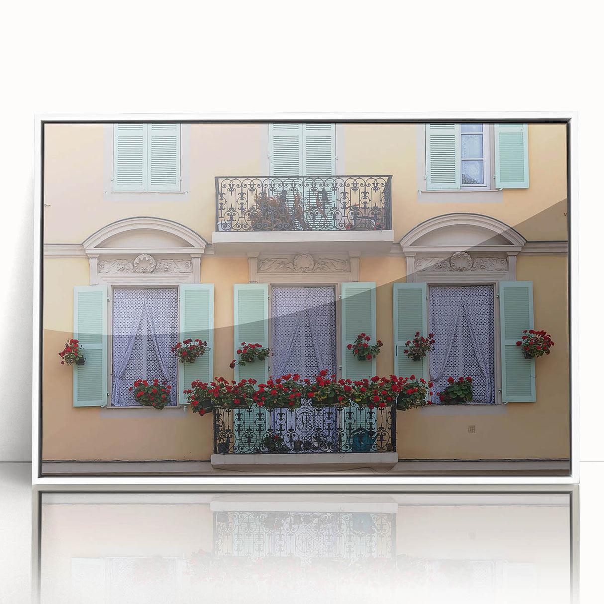 Mid-century modernist art depicting the Nice, France skyline in pastel shades on a framed acrylic print.
