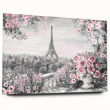 Large abstract wall art of Paris scenery in muted gray and blue tones on acrylic glass.