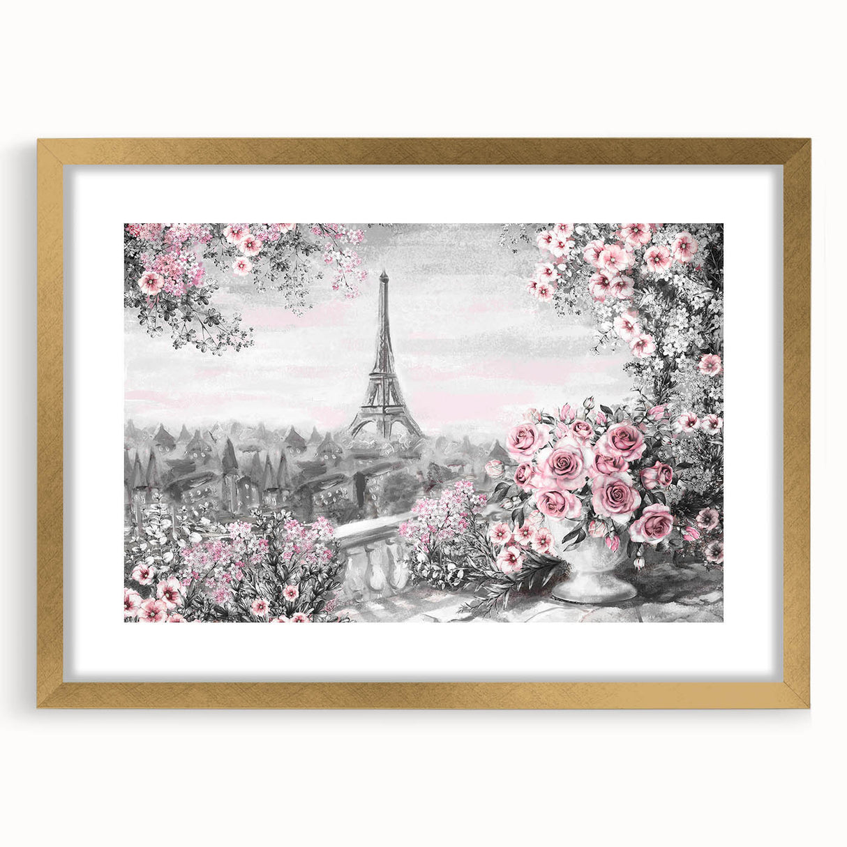 Abstract art print of Paris scenery in muted gold and blue tones on a framed canvas, suitable for dining room decor.