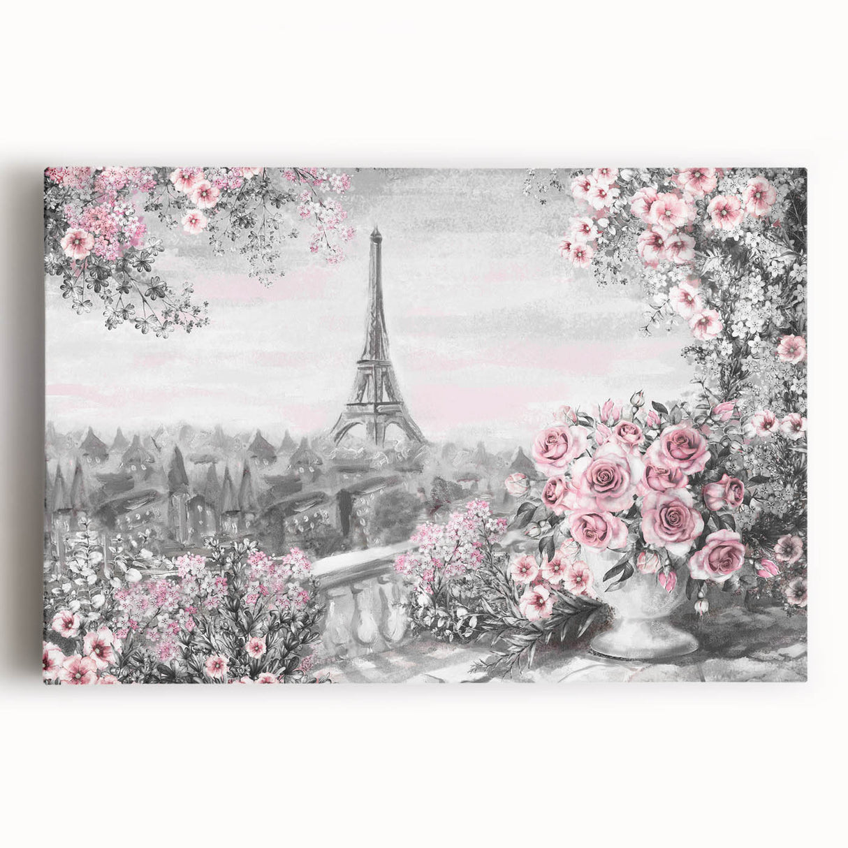 Black and white photo of Paris skyline on stretched canvas, ideal for kitchen wall art or bedroom.