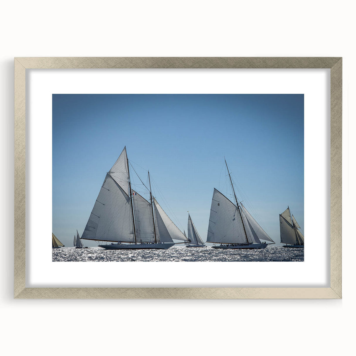 Extra large abstract art print of a textured southern France scenery in muted earth tones, framed in silver.