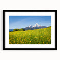 Extra large abstract art print of a colorful Bavarian landscape on textured canvas, framed in black.