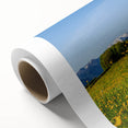 Art deco poster of a Bavarian landscape in muted green and blue tones on rolled canvas, ideal for nursery wall art.