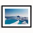 Colorful abstract art print of Santorini, featuring vibrant blue and white tones on a large textured canvas.