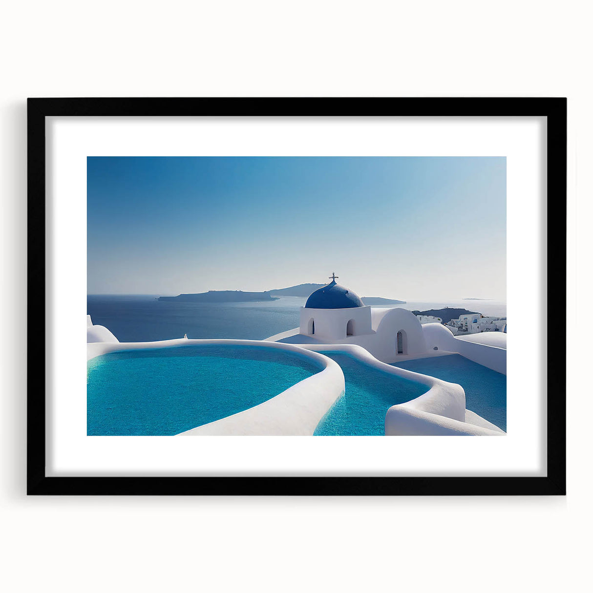 Colorful abstract art print of Santorini, featuring vibrant blue and white tones on a large textured canvas.