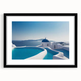 Colorful abstract art print of Santorini, featuring vibrant blue and white tones on a large textured canvas.