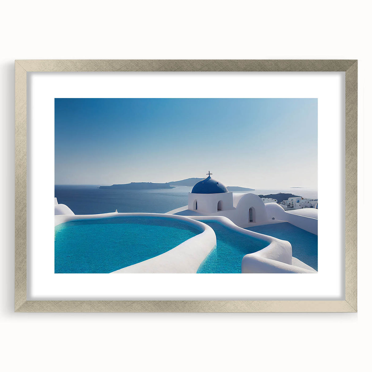 Abstract art print of Santorini with blue and white hues on a framed silver mat, suitable for dining room decor.