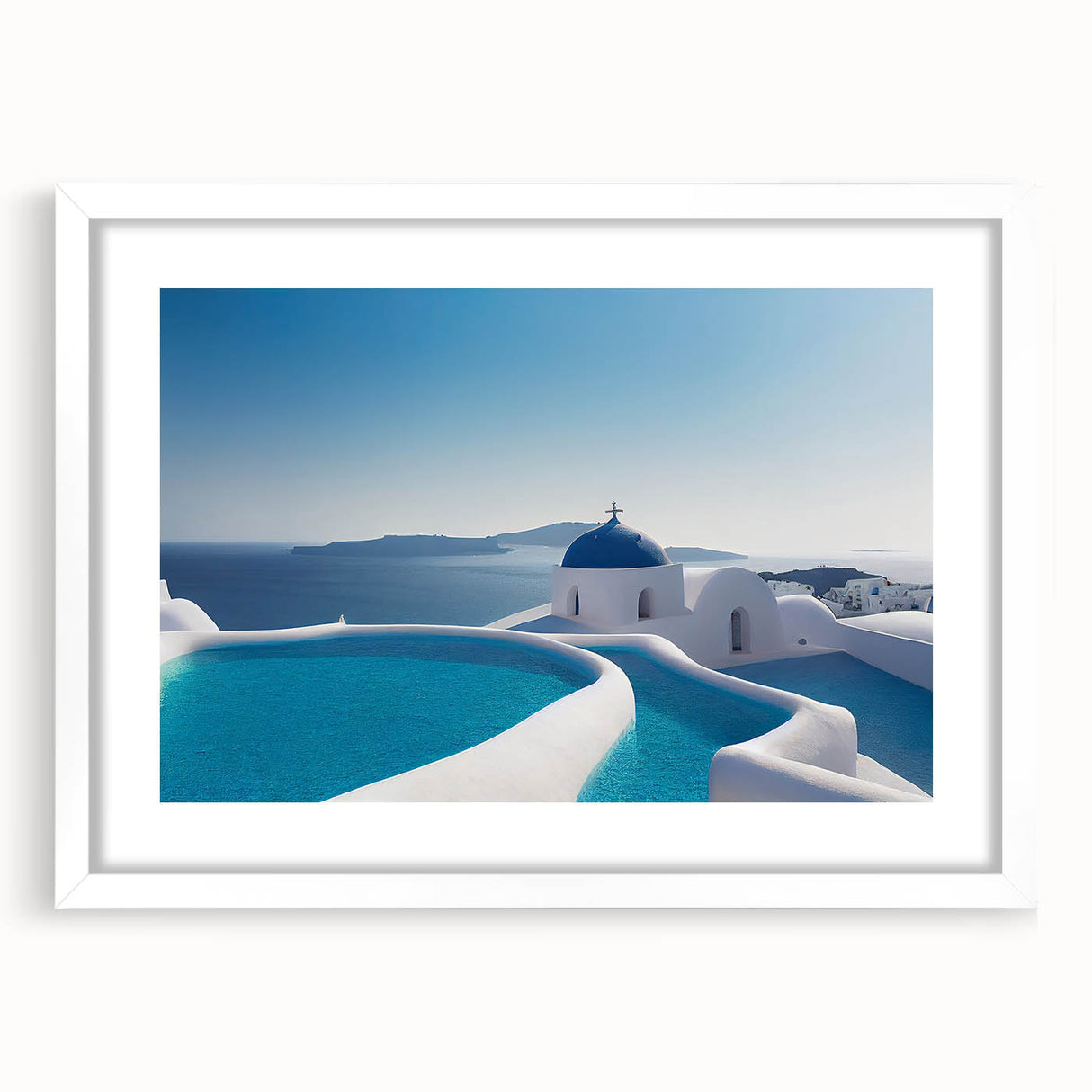 Extra large abstract art print of Santorini with textured white and blue tones on a framed canvas.