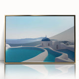 Framed acrylic print of Santorini, Greece with white buildings and blue domes, in muted blue and white tones.