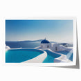 Rolled print of Santorini scenery with white buildings and blue domes, ideal for art wall dining room.