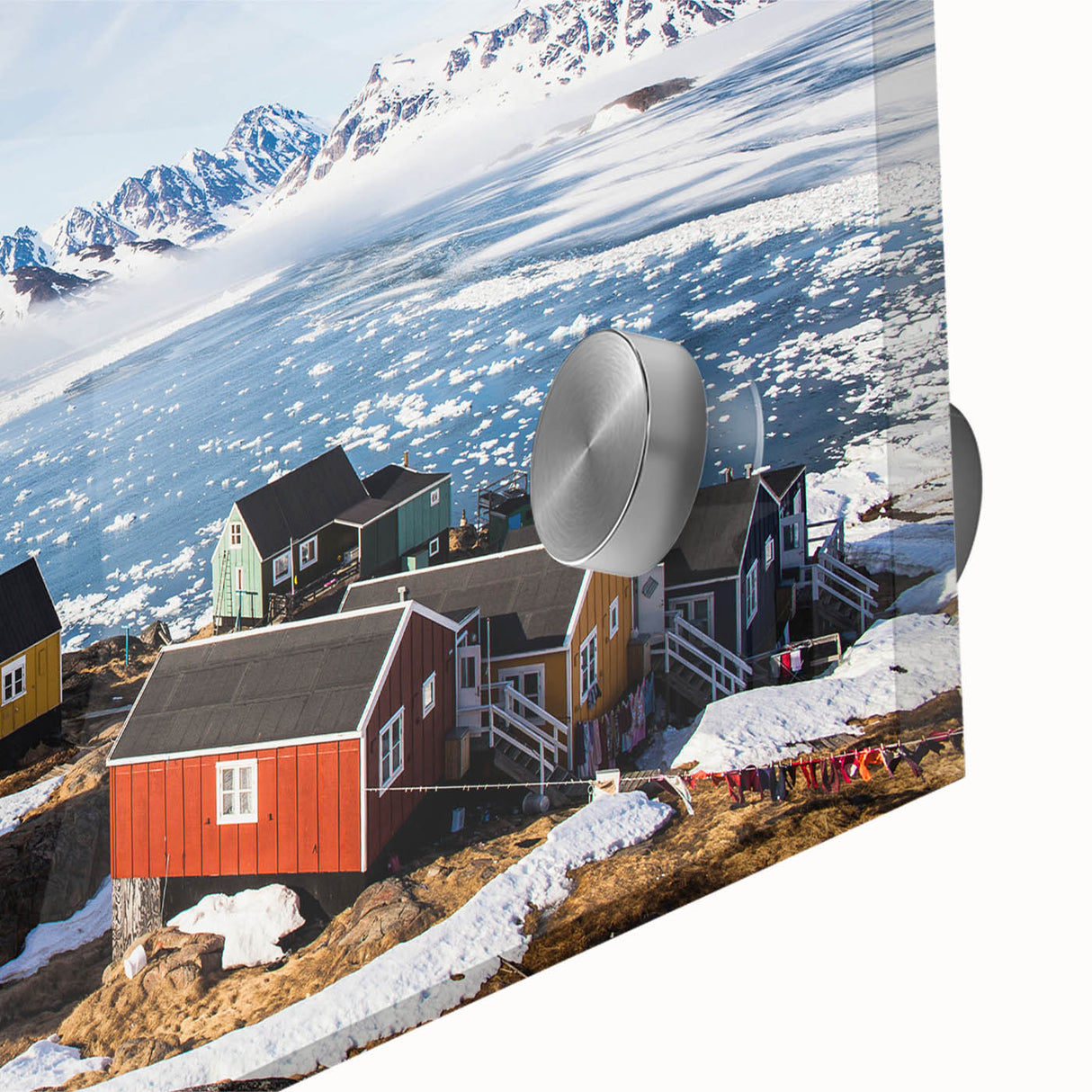 Large abstract wall art depicting a Greenlandic landscape in muted green and blue tones on acrylic glass.