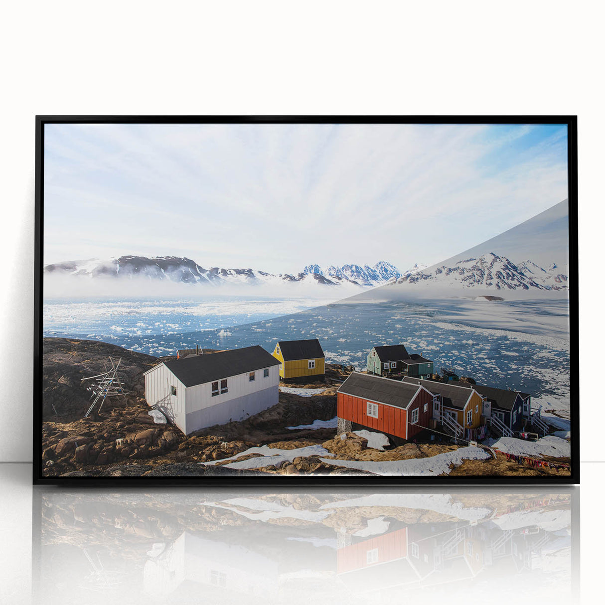 Large abstract wall art featuring a minimalist Greenland scenery in muted green and black tones on a framed acrylic print.