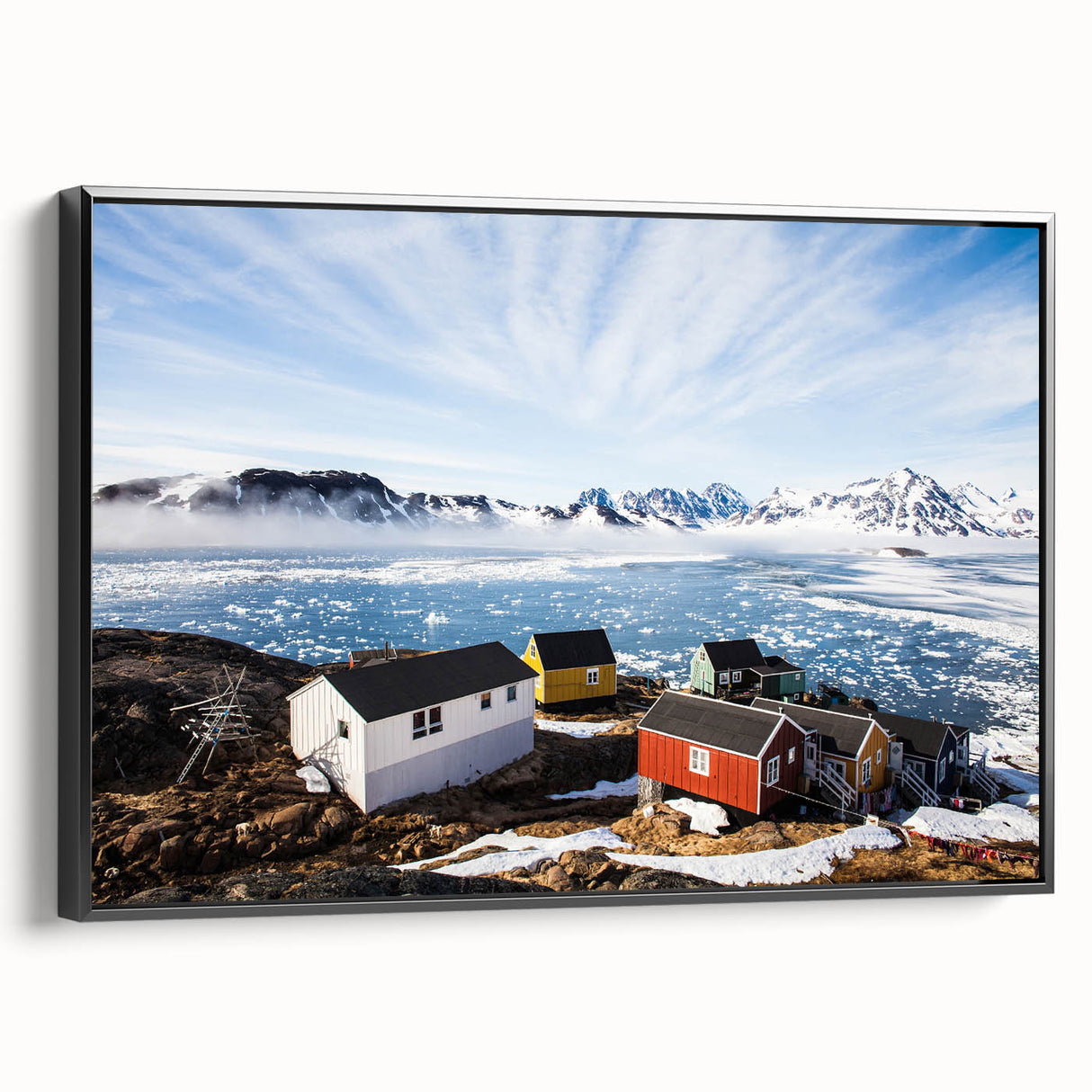 Black and white landscape art painting of Greenland on framed canvas, ideal for bedroom wall decor.