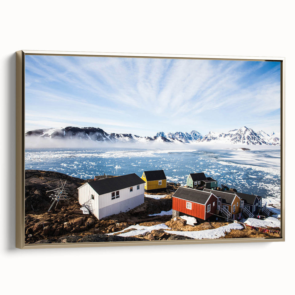 Framed canvas wall art featuring a vintage-style landscape painting of Greenland, with muted green and black tones.