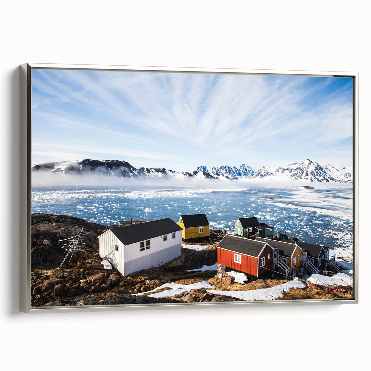 Framed canvas depicting a vintage-style Greenland landscape with muted green and black tones, suitable for office decor.