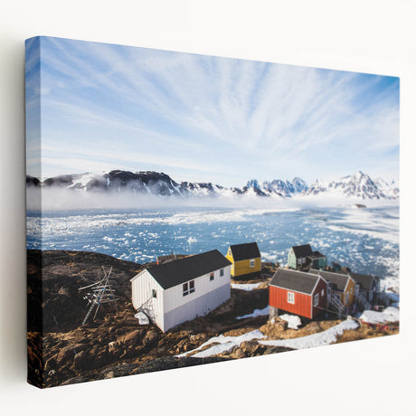Large canvas print of a Greenlandic landscape with muted green and blue tones, ideal for kitchen wall art.