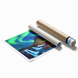 Rolled print of a serene Icelandic landscape, featuring muted green and blue tones, ideal for classy bathroom wall art.