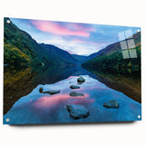 Acrylic print of a serene Irish landscape in soft green and blue tones, ideal for dining room decor.