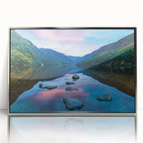Large art print of a serene Irish landscape, muted green and blue tones, framed in silver acrylic.