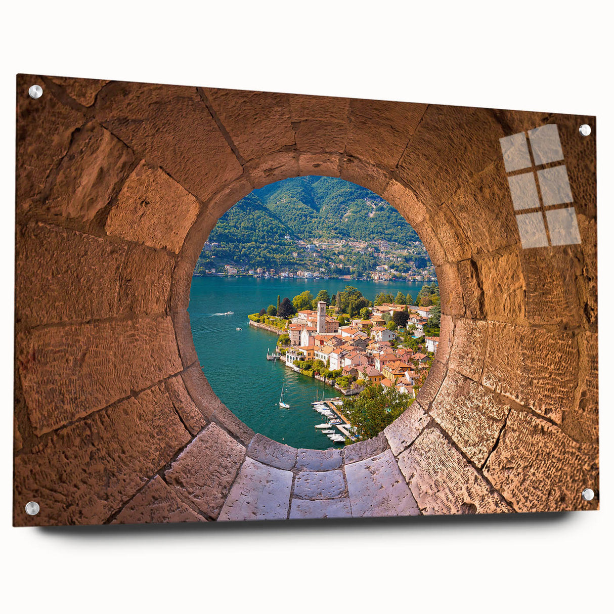 Acrylic print of Lake Como with soft, warm hues, ideal for enhancing dining room ambiance.