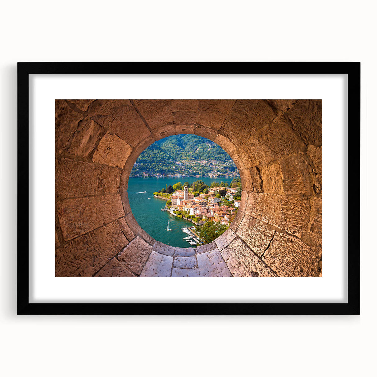 Extra large wall art of Lake Como in vibrant colors, framed in black, ideal for living room decor.