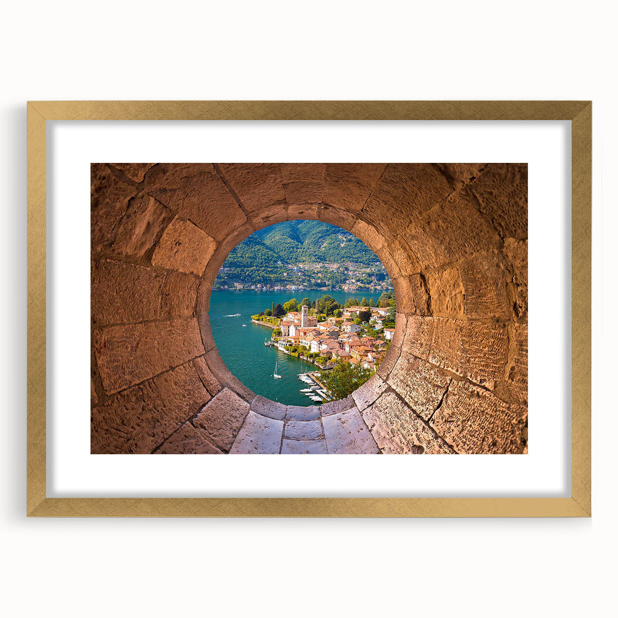 Abstract art print of Lake Como with muted blue and green tones on a framed gold mat, ideal for dining room decor.