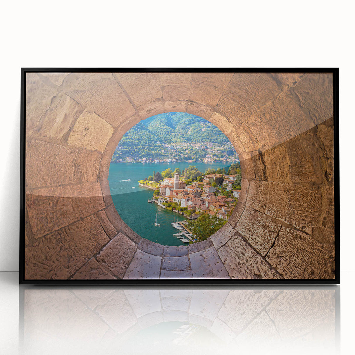 Large abstract wall art of Lake Como with muted blues and greens in a mid-century modernist style.