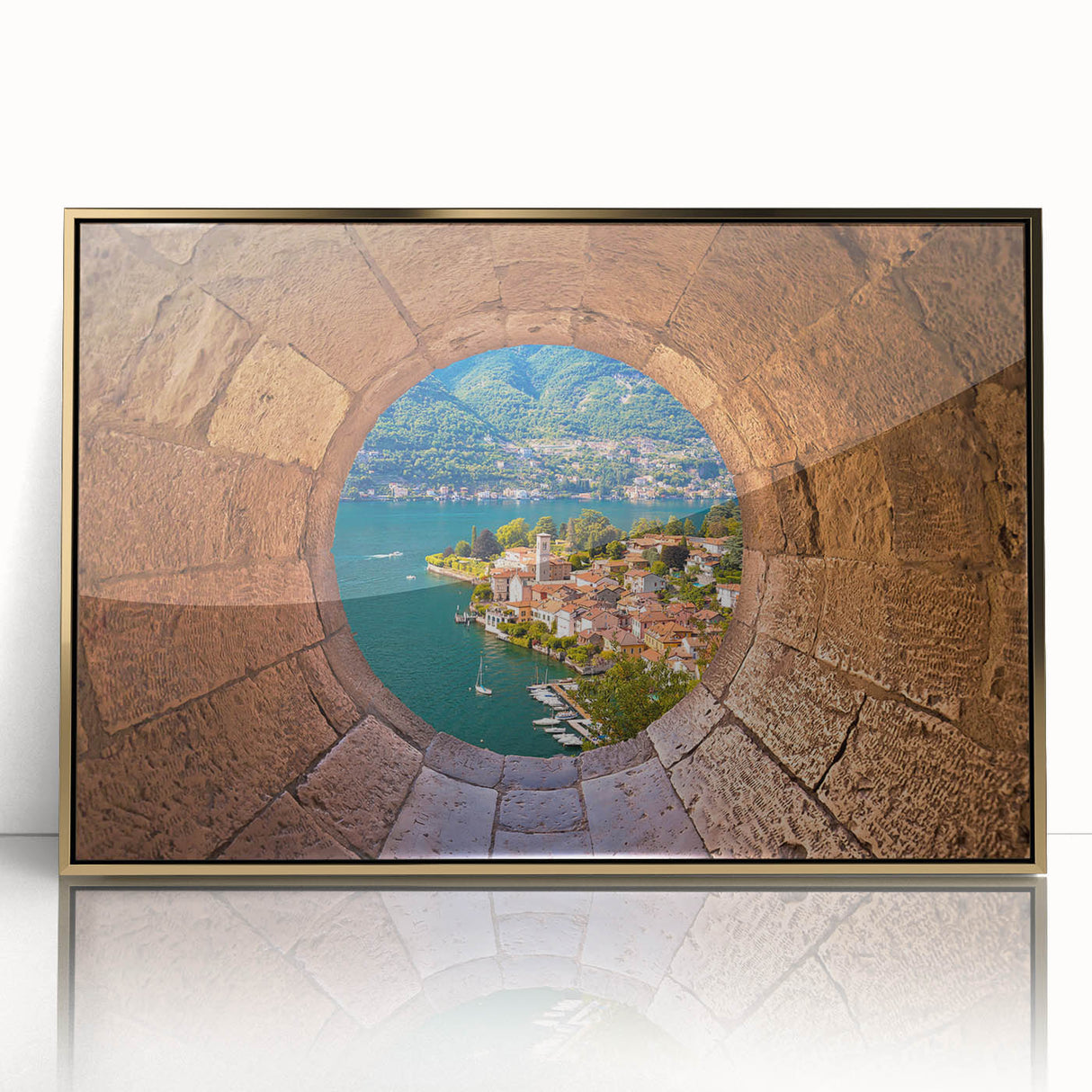 Framed acrylic print of Lake Como with soft pastel shades, ideal for modern nursery wall decor.