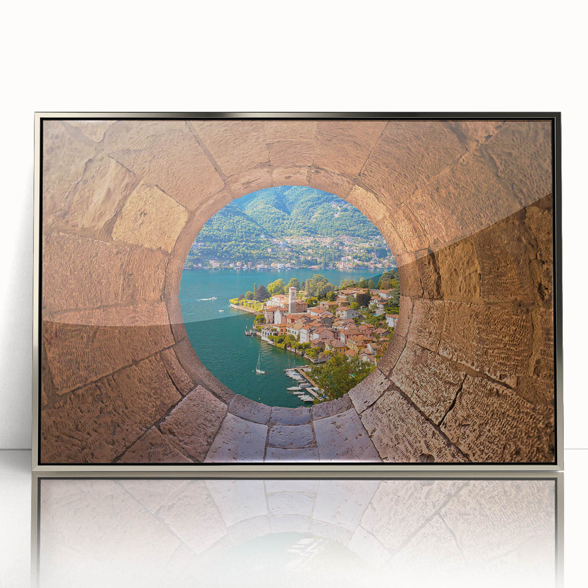 Acrylic print of Lake Como with vivid blue and green hues, framed in silver, reflecting mid-century modernist style.