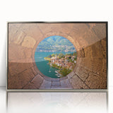Acrylic print of Lake Como with vivid blue and green hues, framed in silver, reflecting mid-century modernist style.