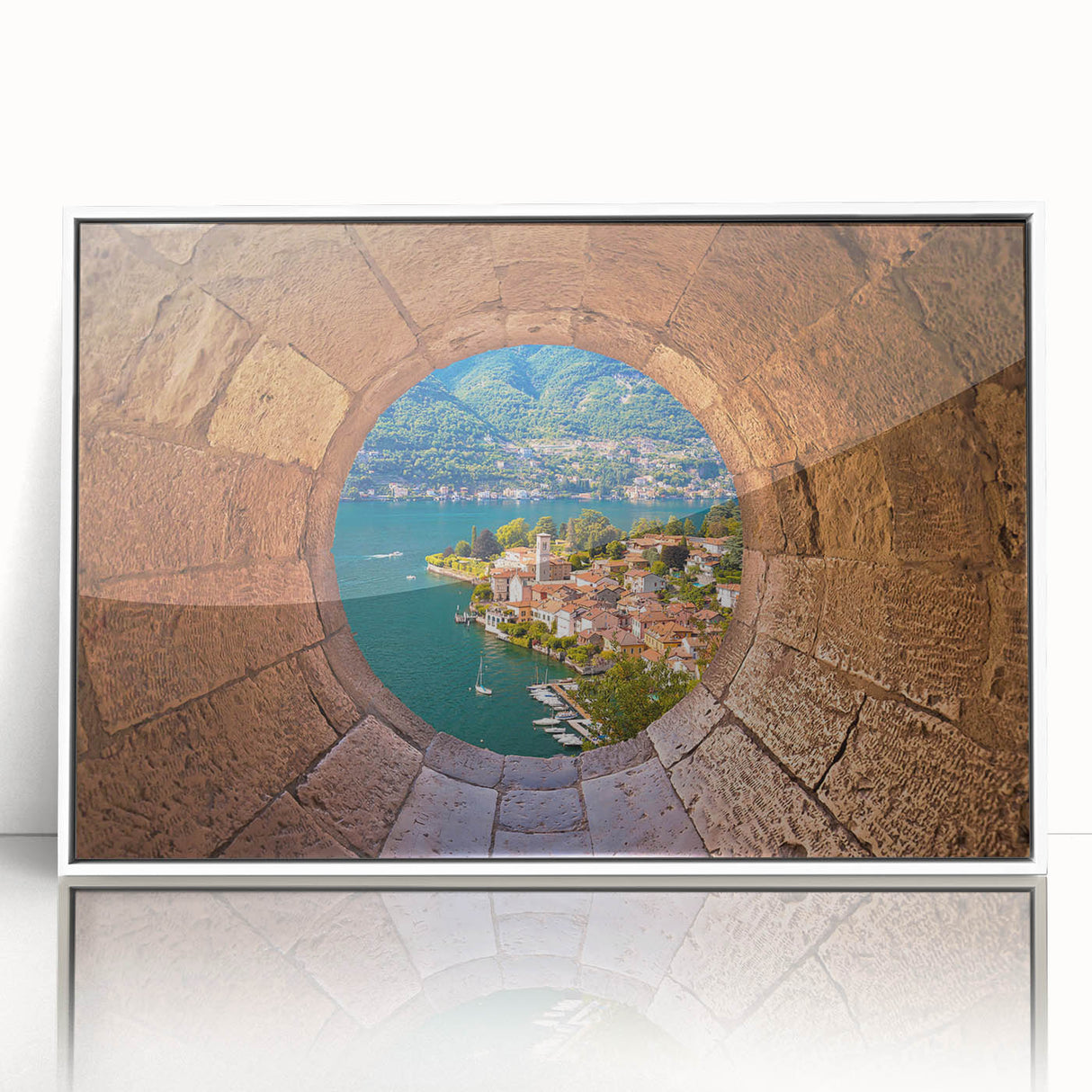 Mid-century modernist art of Lake Como with muted blue and green tones on a framed acrylic, ideal for nursery wall decor.