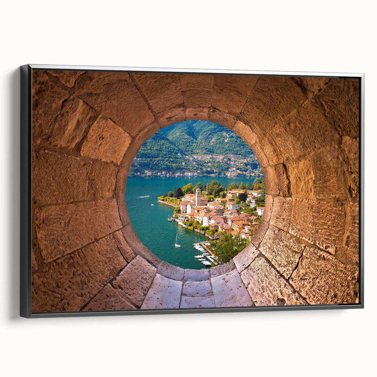 Black and white framed canvas of Lake Como landscape, featuring vintage poster art style, ideal for bedroom decor.