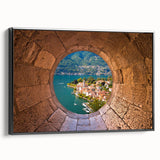 Black and white framed canvas of Lake Como landscape, featuring vintage poster art style, ideal for bedroom decor.