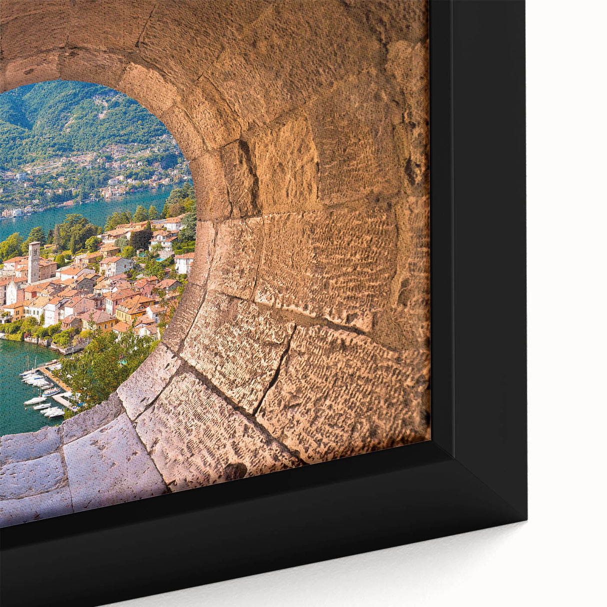 Extra large black wall art featuring a textured view of Lake Como with colorful accents on a framed canvas.