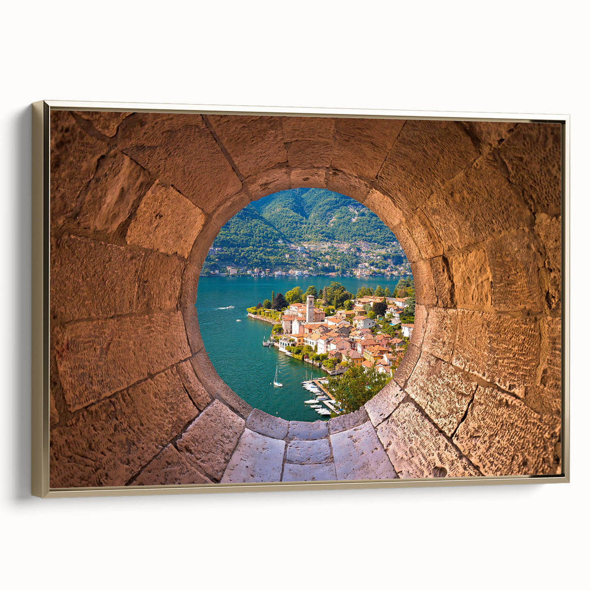Framed canvas of Lake Como with vintage poster art style, featuring a landscape in muted earth tones.
