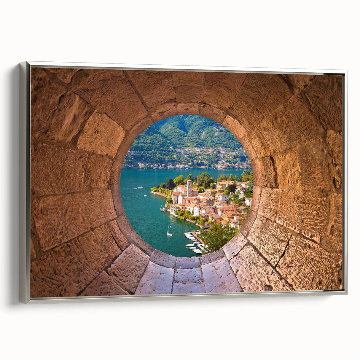 Landscape art painting of Lake Como with colorful vintage-style imagery on a black framed canvas.