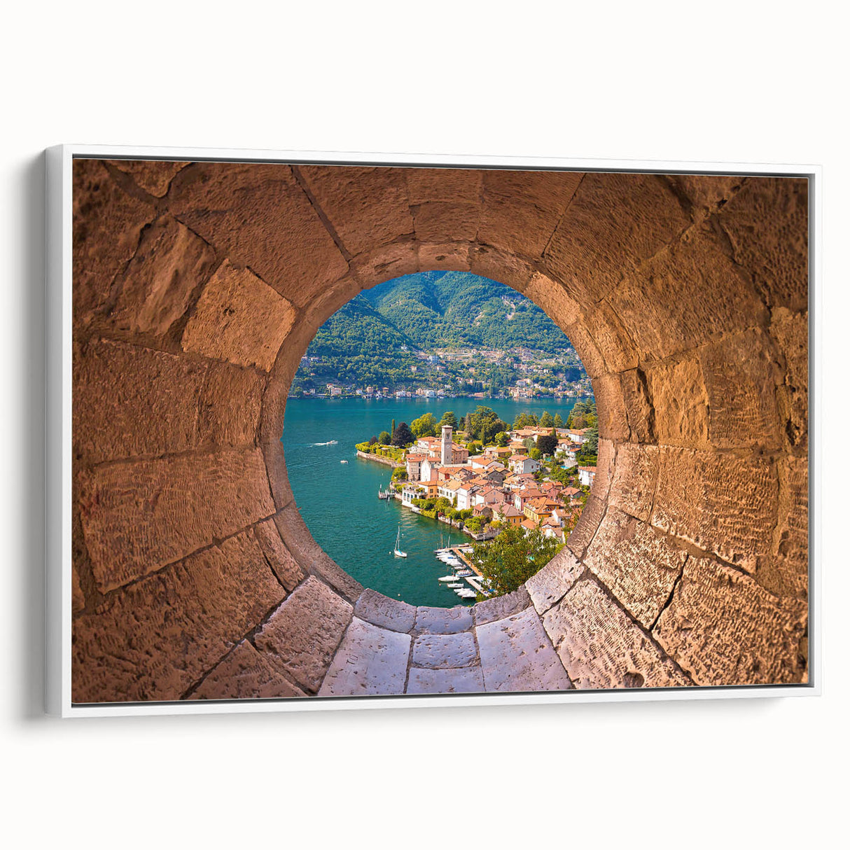 Vintage poster art of Lake Como with vibrant colors on framed canvas, ideal for living room decor.