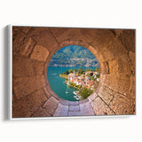 Vintage poster art of Lake Como with vibrant colors on framed canvas, ideal for living room decor.
