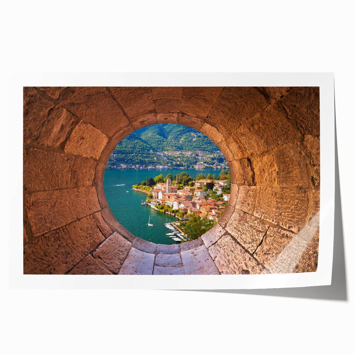Rolled print of Lake Como with floral elements in pastel shades, suitable for dining room or bathroom wall art.