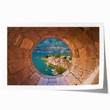 Rolled print of Lake Como with floral elements in pastel shades, suitable for dining room or bathroom wall art.