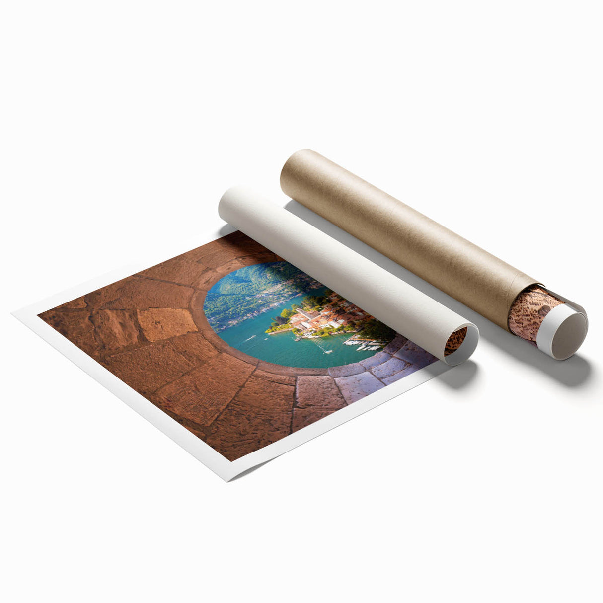 Rolled print of Lake Como with floral foreground in soft blue and green tones, suitable as large living room wall art.