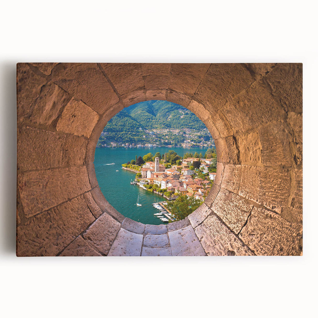Black and white photo of Lake Como on stretched canvas, featuring serene water and distant mountains.