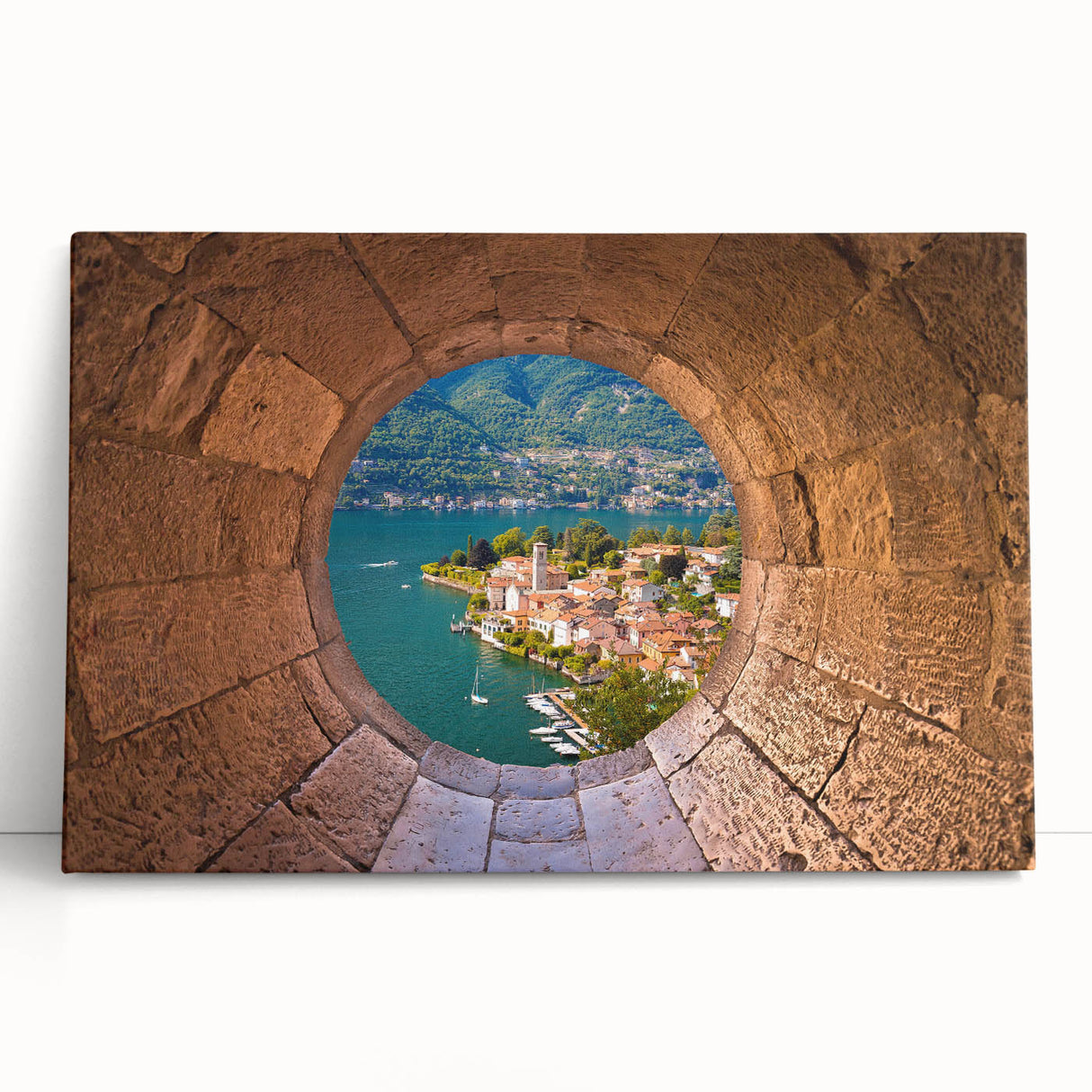 Black and white photo of Lake Como on stretched canvas, suitable for kitchen art.